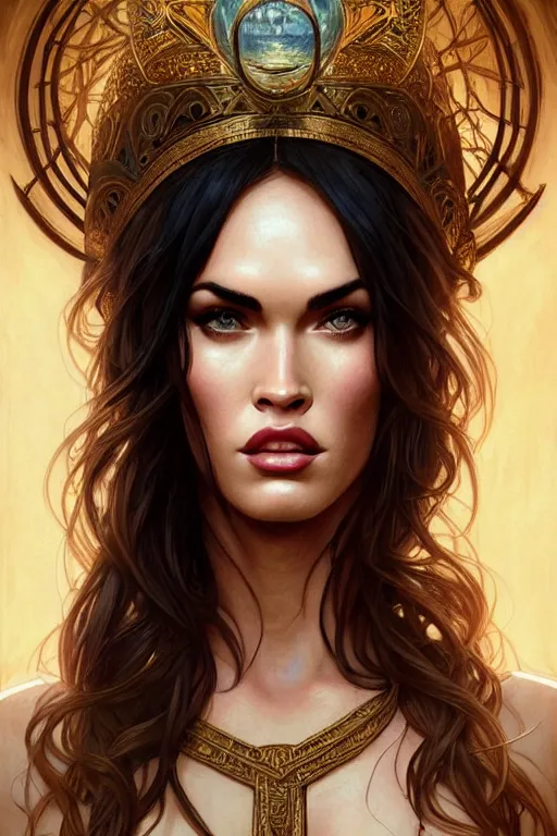 Image similar to portrait of megan fox as the goddess circe, greek mythology, intricate, headshot, highly detailed, digital painting, artstation, concept art, sharp focus, cinematic lighting, illustration, art by artgerm and greg rutkowski, alphonse mucha, cgsociety