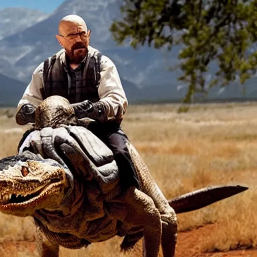 Prompt: Walter White riding a raptor