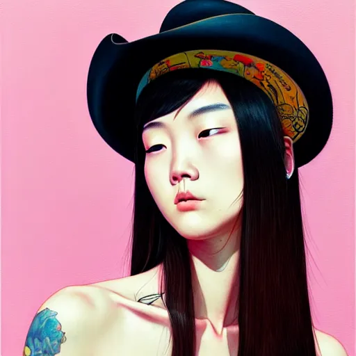 Image similar to full view of taiwanese girl with tattoos, wearing a cowboy hat, style of yoshii chie and hikari shimoda and martine johanna and edward hopper and james gilleard and zdzislaw beksisnski, highly detailed