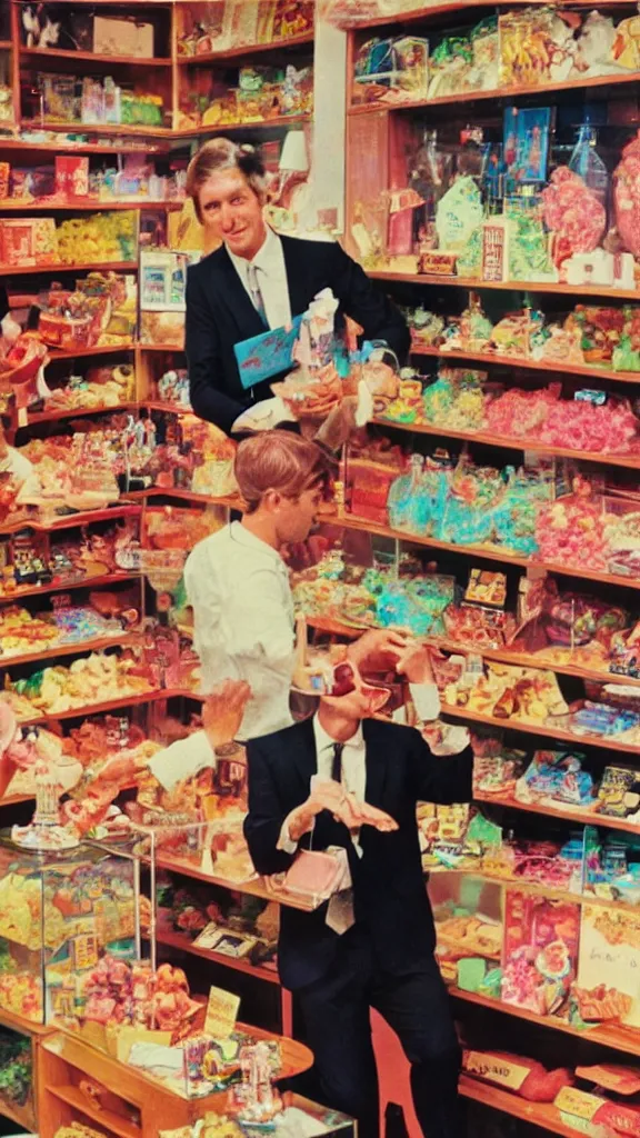 Prompt: 6 0 s photo of a business man in a candy shop, kodachrome