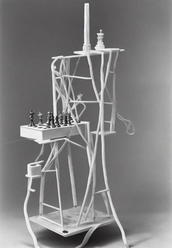 Image similar to a chess - piece building machine, minimal white machinery with cables, a surrealist sculpture by marcel duchamp, archival pigment print, 1 9 1 4, conceptual art, artwork, academic art, surrealist, fluxus