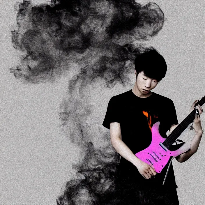 Prompt: a young korean man wearing black t shirt holding an electric guitar!! in dark room, dramatic smoke everywhere, heavy contrast, matte colors, thought provoking, dramatic brush strokes, abstract digital art trending on artstation