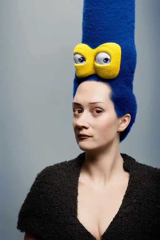 Image similar to studio portrait of woman that looks excactly like marge simpson, lookalike, as if marge simpson came to life, soft light, black background, fine details, close - up, award winning photo by martin schoeller