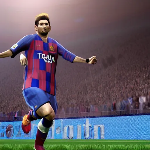 Prompt: Leonel Messi in ps one gameplay winning eleven , celebrate goal
