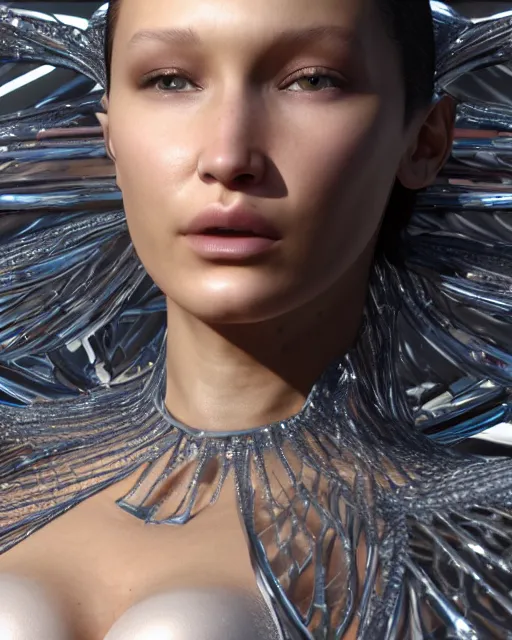 Prompt: a highly detailed metahuman 8 k close up render of bella hadid in iris van herpen victoria secret made in unreal engine 4