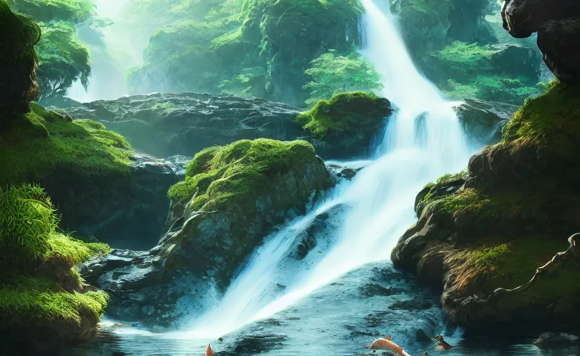 Image similar to flowing waterfall + lush rockscape + gushing clear water full of fish and algae, highly detailed, digital painting, artstation, concept art, smooth, sharp focus, illustration, art by wlop, mars ravelo and greg rutkowski