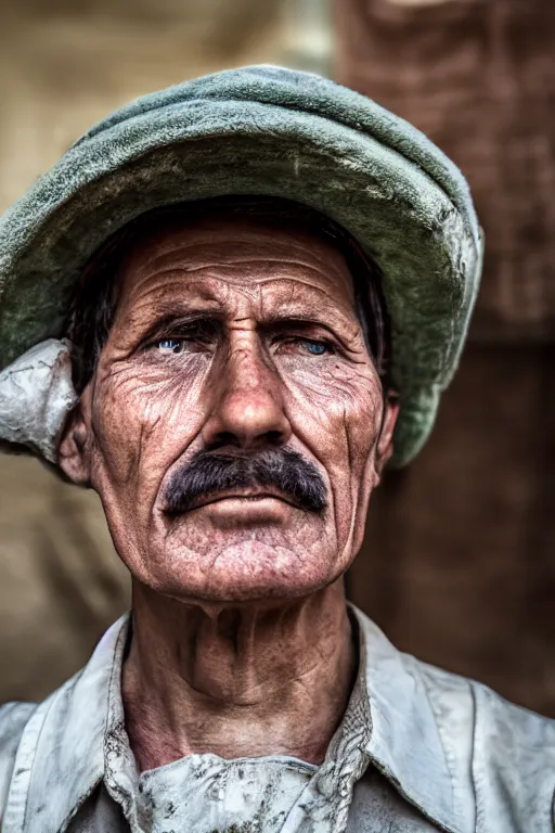 Prompt: color photo of a 1 9 2 0 factory worker portrait, worn face, tired expression canon ef 8 5 mm f / 1. 4 l is usm