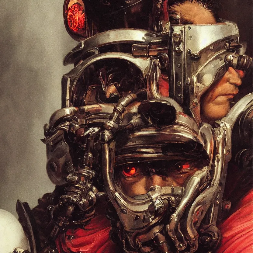 Prompt: baroque neoclassicist close - up portrait of a cyberpunk warrior wearing a retrofuturistic reflective oni mask. highly detailed science fiction painting by norman rockwell, frank frazetta, and syd mead. rich colors, high contrast, gloomy atmosphere. trending on artstation and behance.