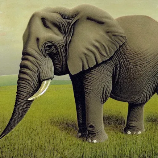 Prompt: an elephant on a green meadow art by Raymond Briggs