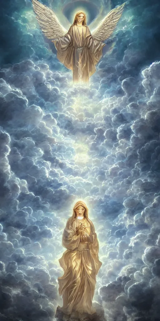Prompt: The gate to the eternal kingdom of Heaven, seraphim in the clouds, cherubim in the clouds, holy rays, fantasy, digital art, HD, detailed.