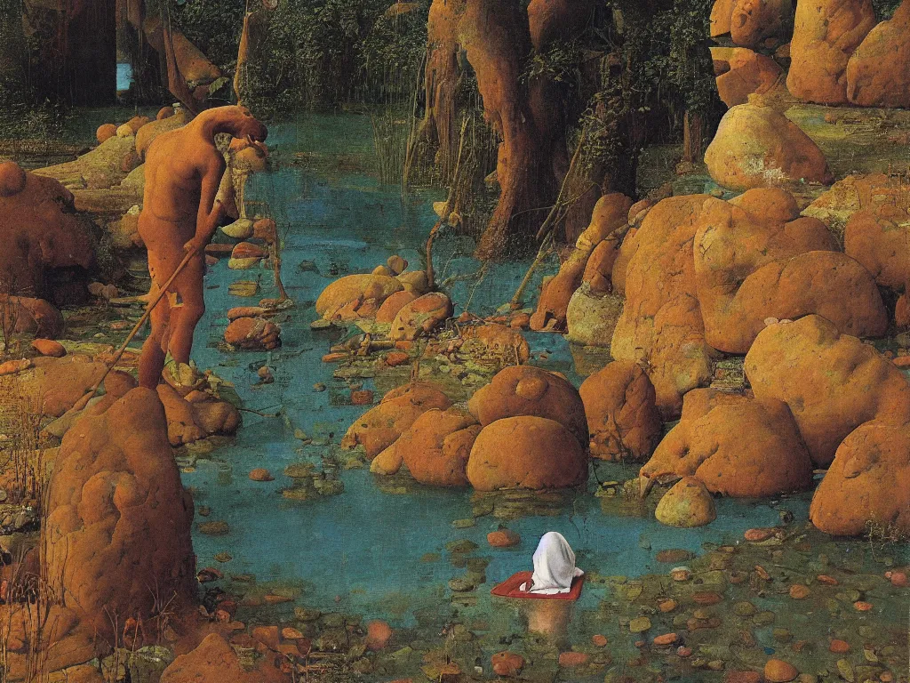 Prompt: Portrait of a painter washing his brush in a river. Humanoid rocks, coral-like pebbles, autumn light. Painting by Jan van Eyck, Roger Dean, Beksinski, Piero della Francesca