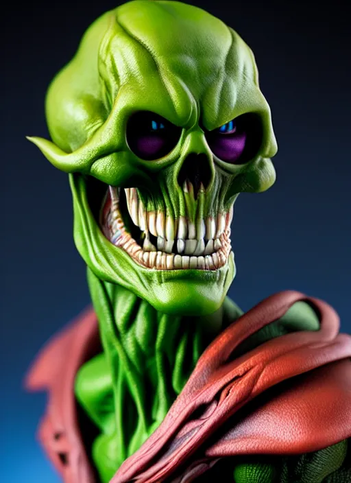 Image similar to hyperrealistic rendering, skeletor face by bernie wrightson and killian eng and joe fenton, product photography, action figure, sofubi, studio lighting, colored gels