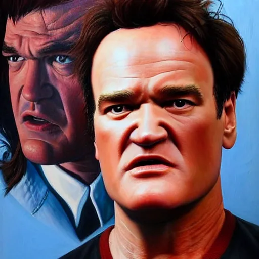 Image similar to the hyper - realistic painting of quentin tarantino regardant son prochain film au cinema