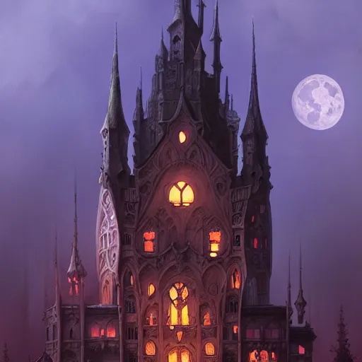 Image similar to foggy intricate gothic castle under the full moon, epic, intricate oil painting, high detail illustration, sharp high detail, manga and anime 1 9 9 9, official fanart behance hd artstation by jesper ejsing and makoto shinkai, 4 k,