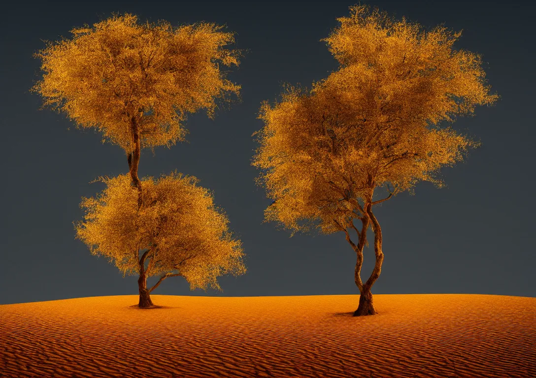 Image similar to a lonely golden tree in a dark desert, sand, gold, bright light, detailed photography, dennis velleneuve, vivid colors, ultra realistic, 8 k, photography