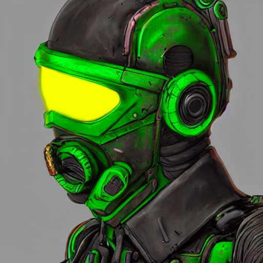 Prompt: helmet cyberpunk made of green lava and fire in borderlands 3 style, concept art character modeling, body made of green lava and fire, marvelous designer, z brush, maya, digital 3 d, 4 k, epic size, epic scale, ultra detailed digital art, furry art, macro art, deviantart, realistic