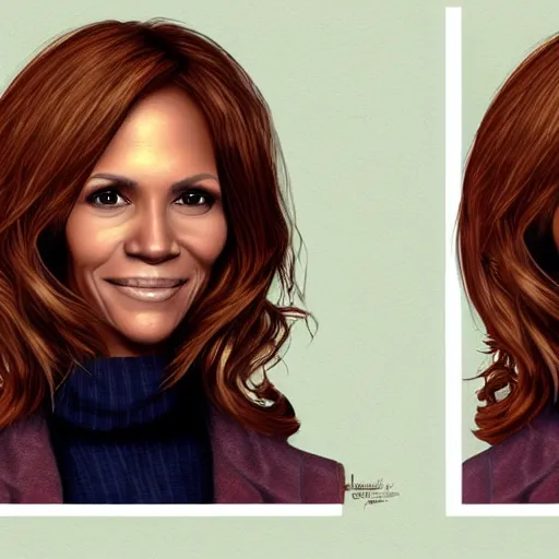 Image similar to portrait of maci holloway, first woman elected as president in usa, cold but beautiful, about 3 5 years old, highly detailed, mix of halle berry and julia roberts, artstation hd, deviantart, by artgem