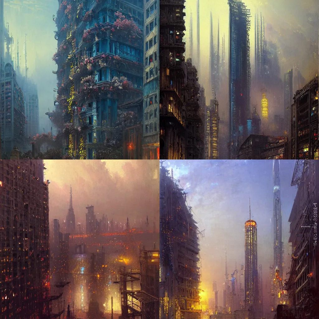 Prompt: detailed painting of a cyberpunk skyscraper in 1 9 4 0, exterior, floral ornaments, volumetrics lights, andreas achenbach