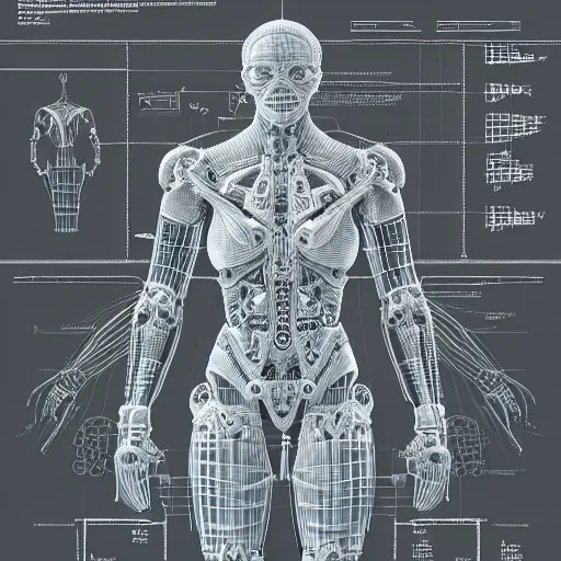 Image similar to detailed and intricate design of a full body of cyborg anatomy, 3 d design, great finesse organic hyper detailed, engineering blueprints, technical drawings, calculus, stained paper, hyperrealistic, ultra detailed, 4 k, octane render, unreal engine