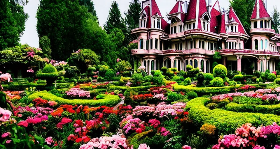 Prompt: An incredibly beautiful scene from a 2022 film featuring an art nouveau mansion flower garden.