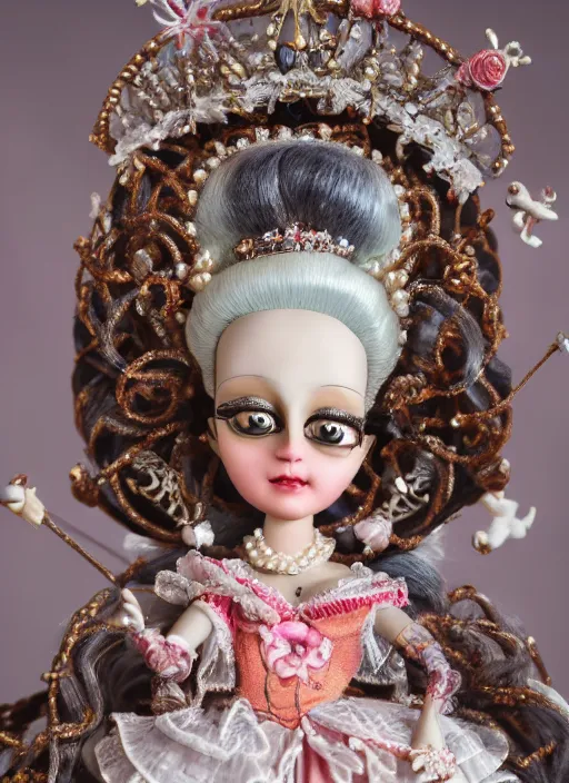 Image similar to closeup profile portrait of tin toy marie antoinette wearing a crown, bikini, depth of field, zeiss lens, detailed, symmetrical, centered, fashion photoshoot, by nicoletta ceccoli, mark ryden, lostfish, breathtaking, 8 k resolution, extremely detailed, beautiful, establishing shot, artistic, hyperrealistic, octane render