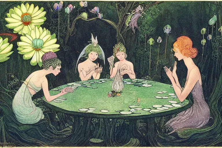Prompt: a group of gracious fairies playing cards on a table in an atmospheric moonlit forest next to a beautiful pond filled with water lilies, artwork by ida rentoul outhwaite, the fairies have wings!!!! and play blackjack!!!!.
