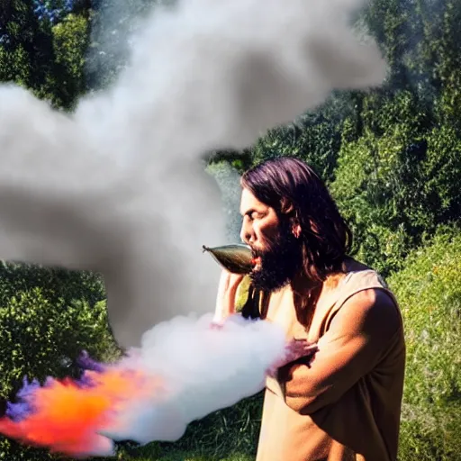 Image similar to jesus christ exhaling a huge smoke cloud from his holy bong, award winning candid photography