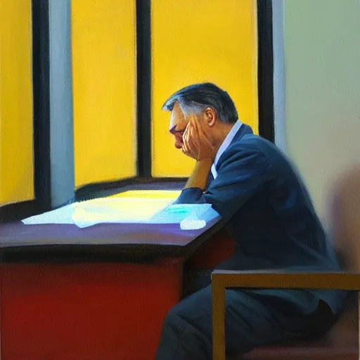 Prompt: viktor orban meditating in a cubicle, oil painting