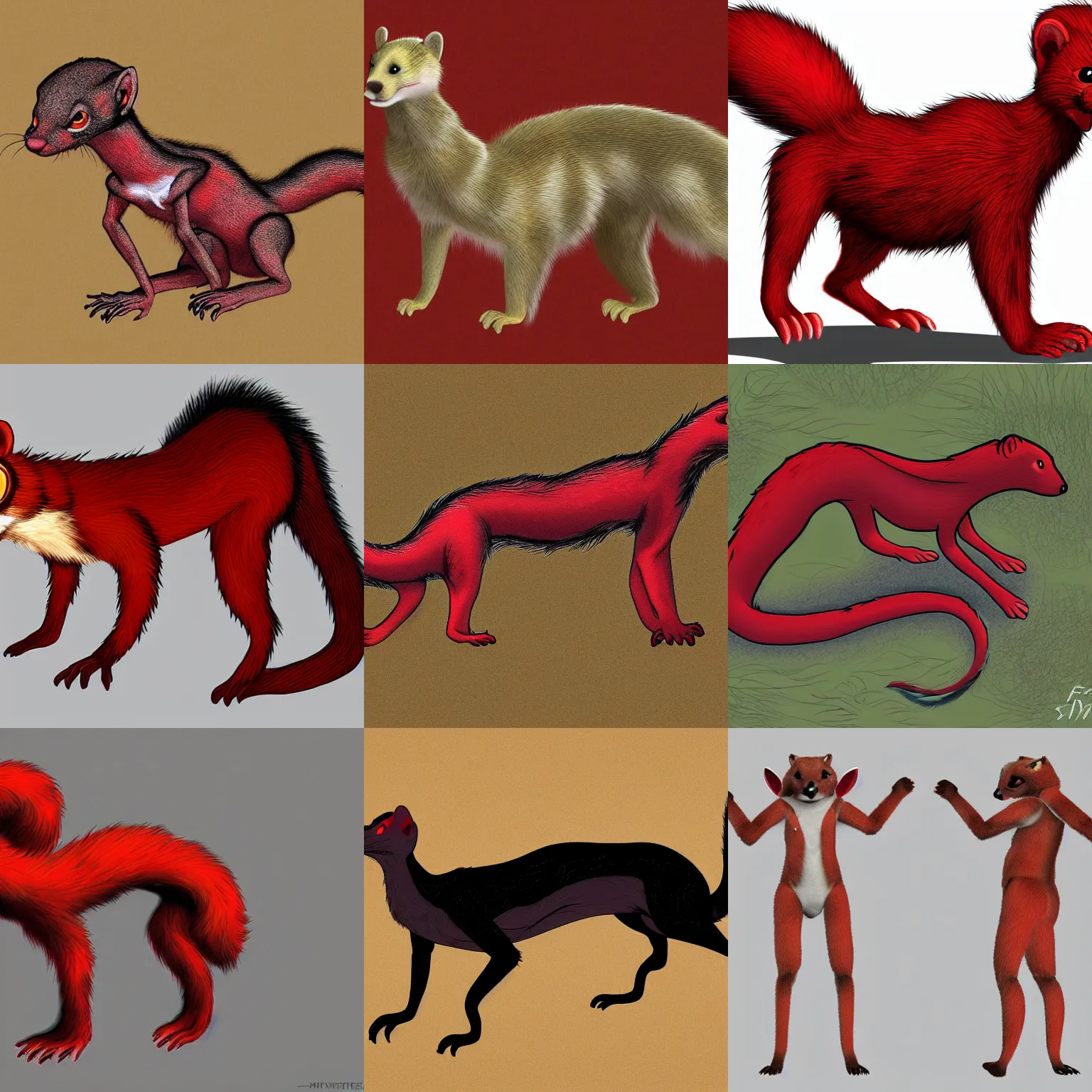 Prompt: dmt, photorealistic male body weasel furry ( red & black ) fursona, attached tail