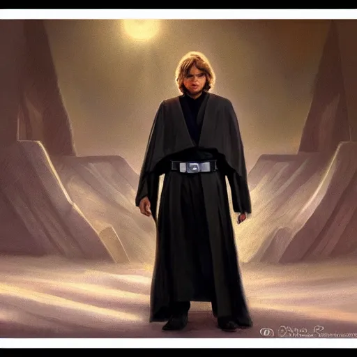 Image similar to anakin at the steps of the jedi temple, oil paint, concept art, art station, highly detailed, nighttime