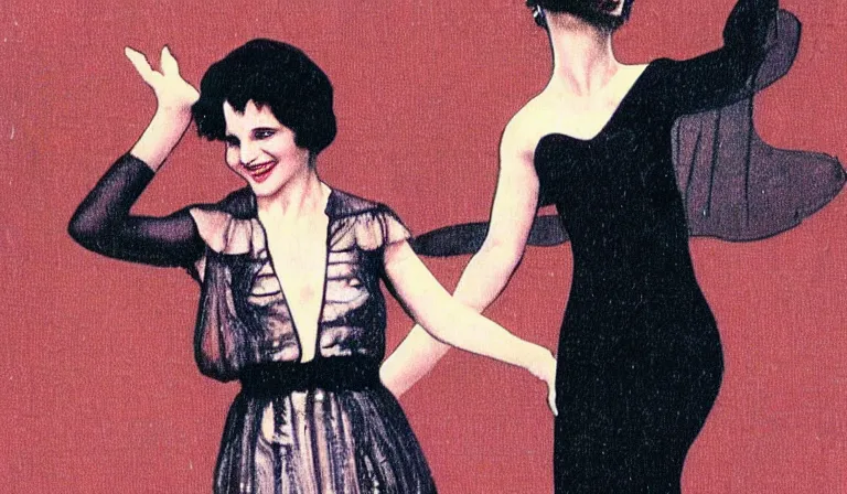 Prompt: Juliette Binoche dancing, vintage postcard, illustration, 60s