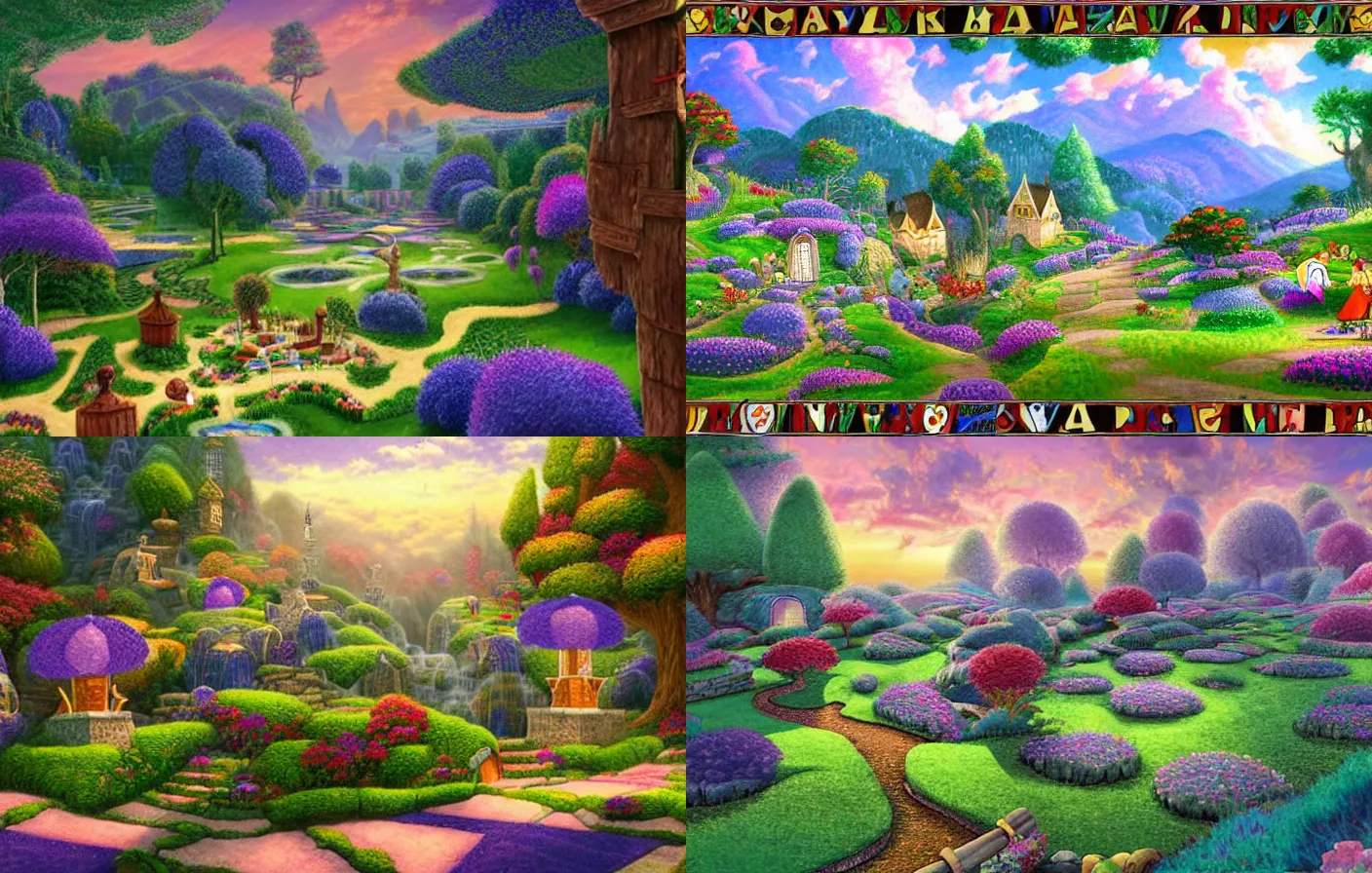 Prompt: a whimsical chessboard themed landscape covered with a indigo and peach checkered pattern, at midday, from a fantasy point and click 2 d graphic adventure game, art inspired by thomas kinkade, king's quest, sierra entertainment games