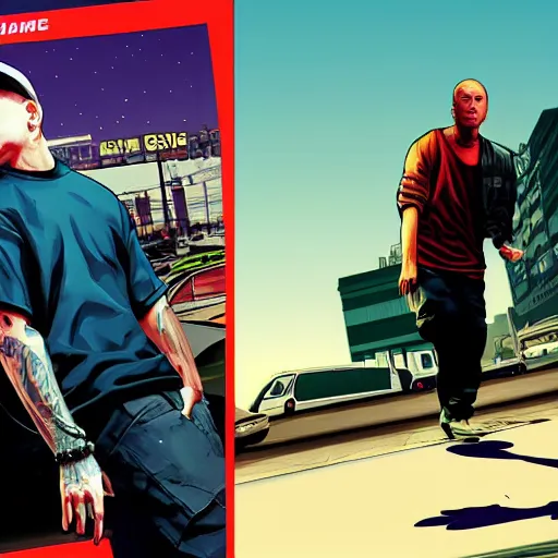 Image similar to eminem in gta v, cover art by stephen bliss, loading screen, box art