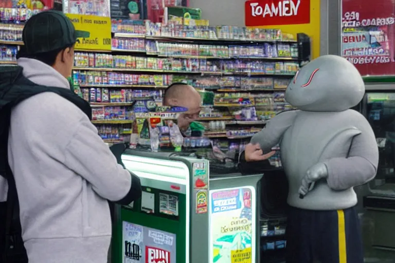 Image similar to grey alien buying cigarettes at 7-eleven