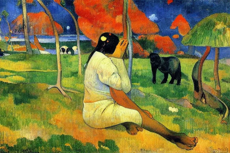 Image similar to there is another world very close to ours that we don't perceive directly, but they do interact sometimes. painting by paul gauguin ( 1 9 0 0 )