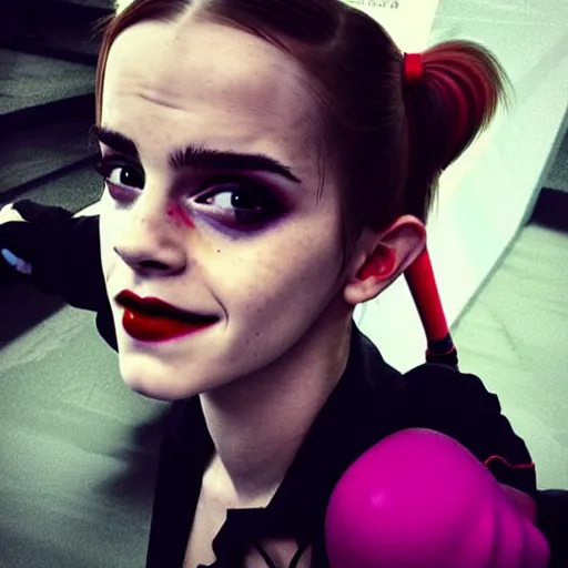 Prompt: Emma Watson cosplaying as Harley Quinn, instagram