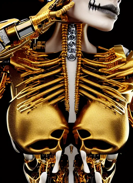 Image similar to a stunning young female cyborg - skull ribs made of gold, gemstones, diamonds, unreal engine, glamor shot, nikon d 7 5 0, closeup, f / 2. 8, low contrast, 1 6 k, rim lighting, optical fiber, cinematic lighting, insanely detailed and intricate, hypermaximalist, elegant, ornate, hyper realistic,