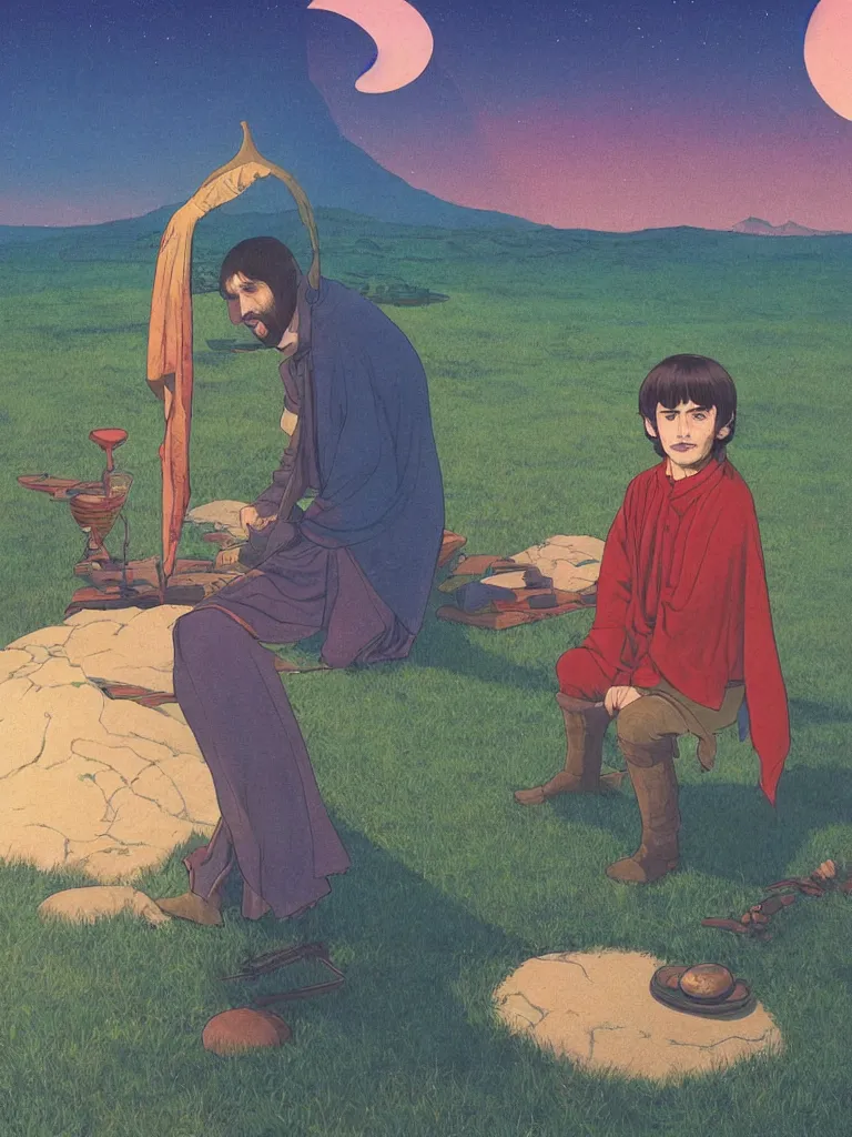 Image similar to an image of ringo starr as samwell from the lord of the rings, taking mind altering drugs, dreaming psychedelic hallucinations in the vast middle earth landscape, by kawase hasui, moebius, edward hopper, colorful flat surreal design, dramatic lighting, hd, 8 k, artstation