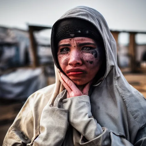 Image similar to photographic portrait of a poor techwear woman holding back tears, a futuristic shanty town burns in the background, closeup, sigma 85mm f/1.4, 4k, depth of field, high resolution, 4k, 8k, hd, full color