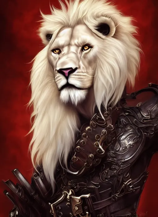 Image similar to aesthetic portrait commission of a of a male fully furry muscular anthro albino lion wearing attractive leather harness and shorts with a tail and a beautiful attractive hyperdetailed face r, safe for work (SFW). Character design by charlie bowater, ross tran, artgerm, detailed, inked, award winning film poster painting