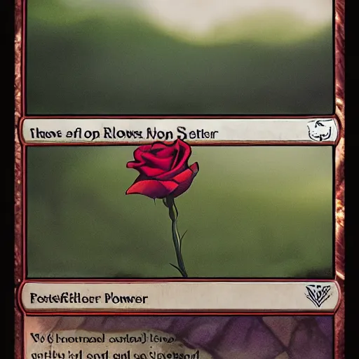 Image similar to a flower in a wasteland, one single flower, red rose, destroyed swampland, dead trees in background, one lone flower, concept art, style of magic the gathering