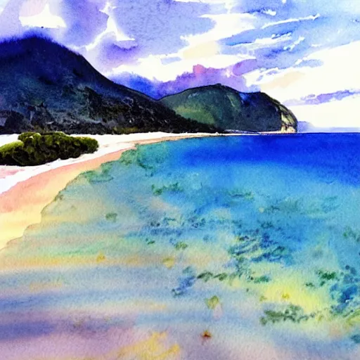 Image similar to golden bay new zealand, abel tasman, amazing watercolor painting, trending on artstation