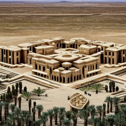 Prompt: world's largest private residence, located in the midst of the nevadan desert, inspired by the architecture of the ancient egyptian temples, trending on artstation, unsplash, overhead view!!!!!, cgsociety contest winner, 4 k photorealism, 4 k quality