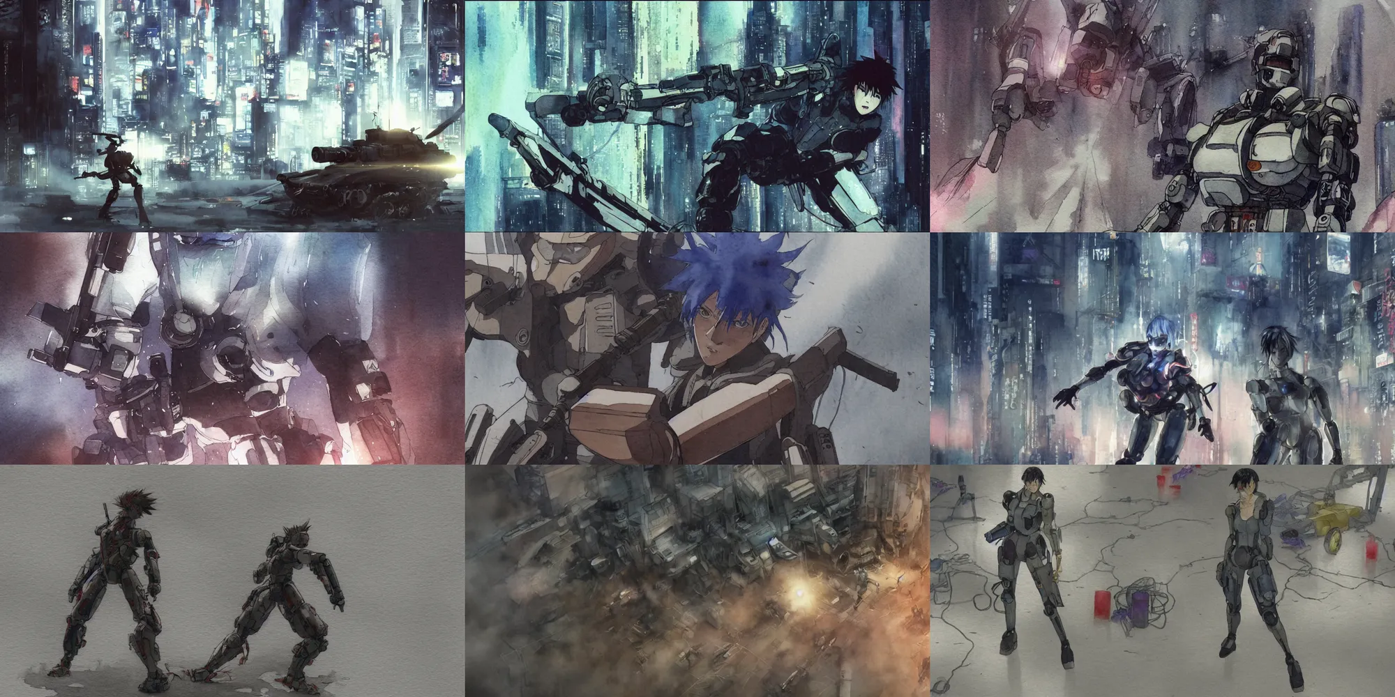 Prompt: incredible screenshot, simple watercolor, masamune shirow ghost in the shell movie scene close up broken Kusanagi tank battle, brown mud, dust, titanic tank with legs, robot arm, ripped to shreds, wide eyes shocked expression, karate kick , laser wip, lightning rollerblades up a skyscraper, light rain, shinjuku, reflections, refraction, bounce light, rim light, bokeh ,hd, 4k, remaster, dynamic camera angle, deep 3 point perspective, fish eye, dynamic scene