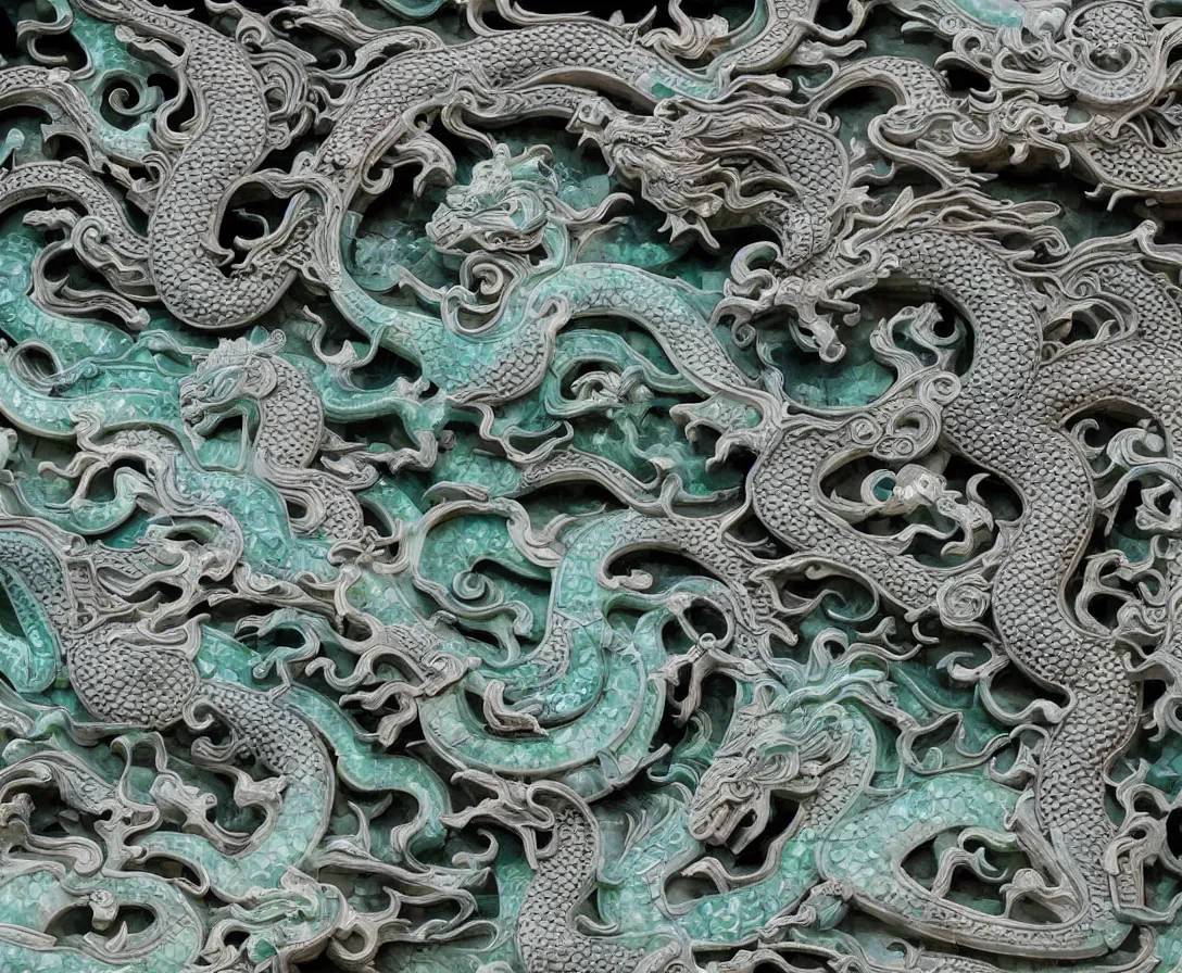 Image similar to an intricately detailed jade dragon soaring over ancient chinese temples