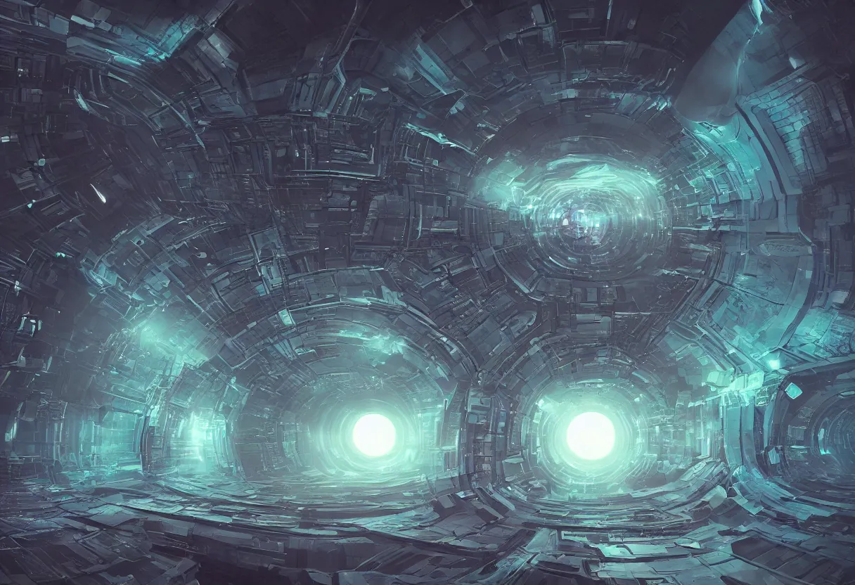 Prompt: Halls of Space(Terror ripples through the recursive folds of Spacetime) by Ben Wanat, ultra detail rich; digitalart; Art by scifi fantasy artist beeple; by Beksinkowski;
