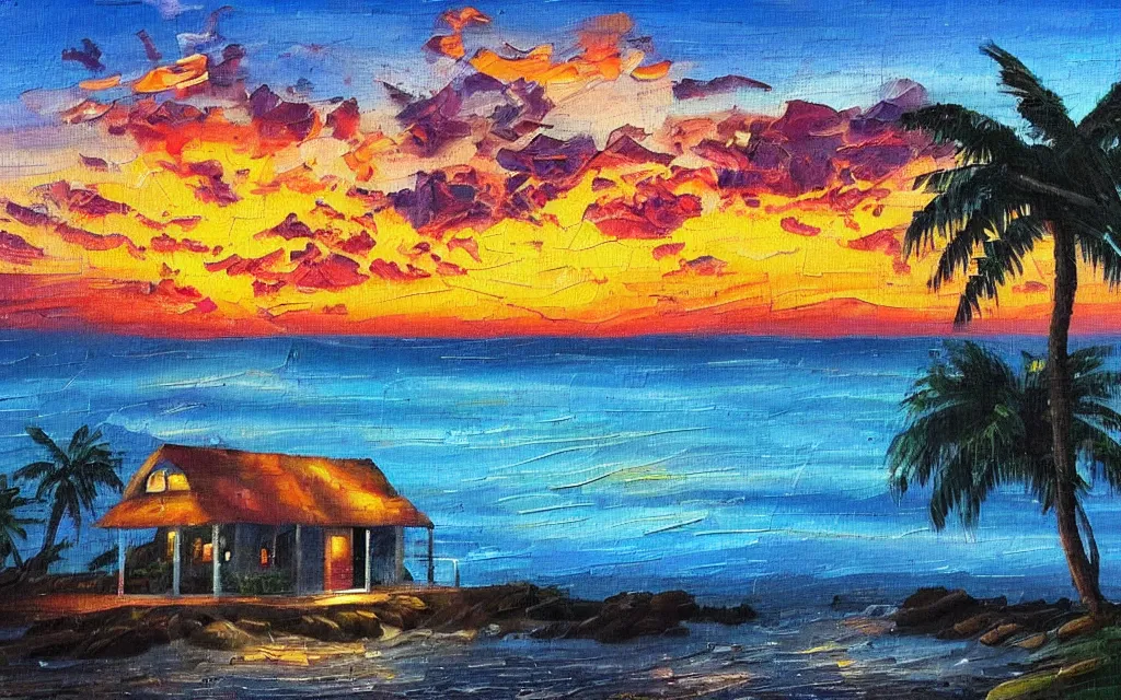 Prompt: a very very small island! with a cute cozy large cottage!! on it and a paved patio!! with chairs and string lights!, palm trees, very late evening cloudy sunset, dramatic and dynamic lighting, thick brush strokes oil impasto painting