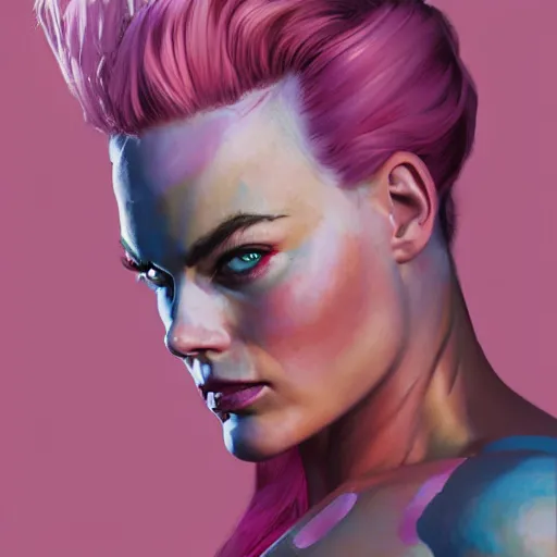 Prompt: greg manchess portrait of margot robbie as very happy thick veiny muscular female bodybuilder zarya from overwatch with pink hair in disco elysium, fantasy, medium shot, asymmetrical, profile picture, organic painting, matte painting, bold shapes, hard edges, street art, trending on artstation, by huang guangjian and gil elvgren and sachin teng