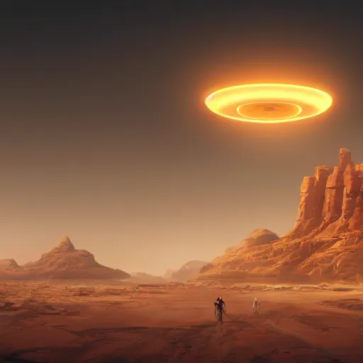Image similar to ufo above dusty old western town in the middle of desert surrounded by sandstorm, scorching heat, sun, midday, concept art, sharp, artstation, cgsociety