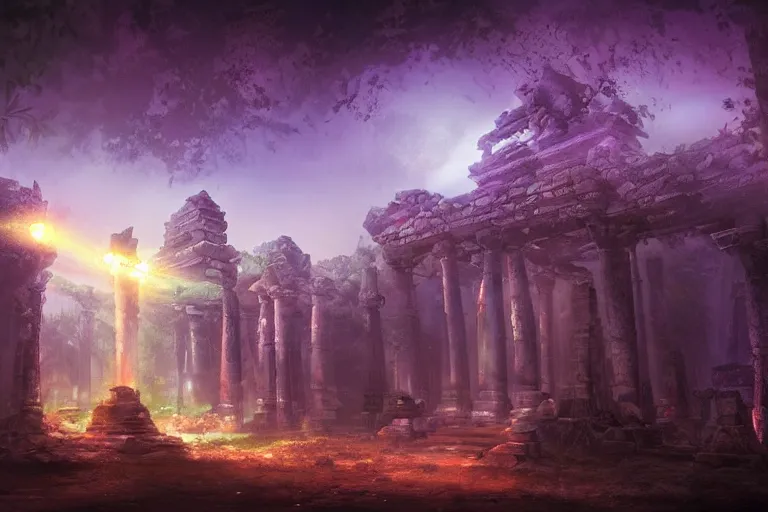 Image similar to mysterious ancient temple ruins at dusk with some lightparticles in the air, digitalart, Jonas De Ro style, purple dark colors, artstation